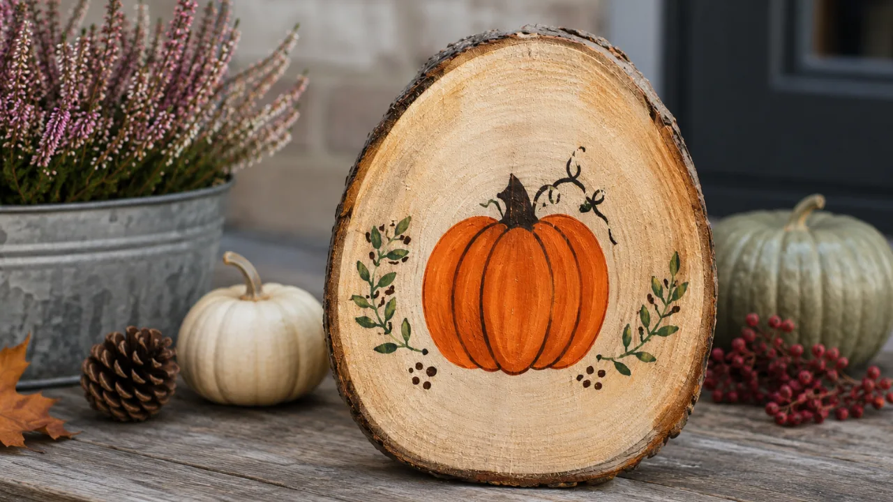 Herbstdeko basteln für den Garten mit bemalter Holzscheibe, Heide, Zapfen und kleinen Kürbissen.