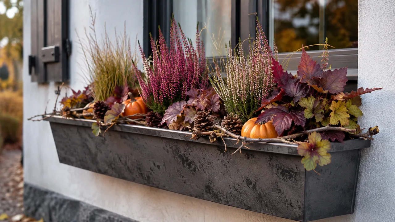 Herbstdeko für den Blumenkasten mit Heide, Gräsern, Kürbissen und roten Blättern am Fenster.
