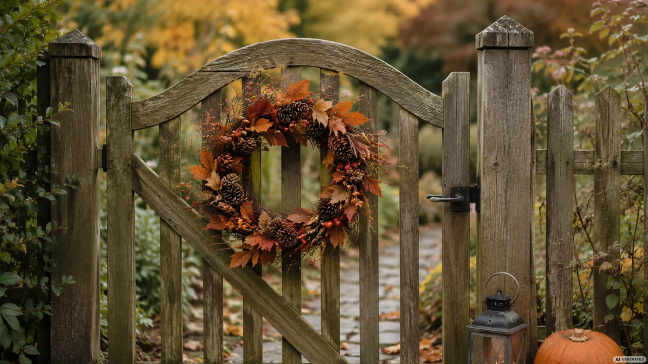 Herbstdeko fürs Gartentor mit Kranz, Laterne und Kürbis an einem rustikalen Holztor im Garten.