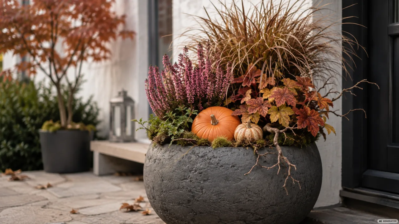 Herbstdeko für Pflanzkübel mit Heide, Ziergras, Kürbissen und Herbstlaub vor einem Hauseingang.