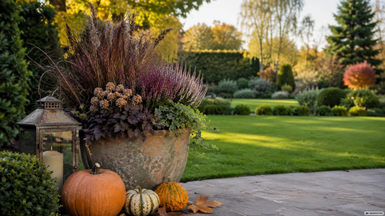 Herbstdeko für einen großen Garten mit großem Pflanzkübel, Kürbissen und Laterne auf der Terrasse.