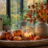 Herbstdeko für den Wintergarten mit Kürbissen, Kerze und Zweigen auf einem Holztisch im hellen Glasraum.