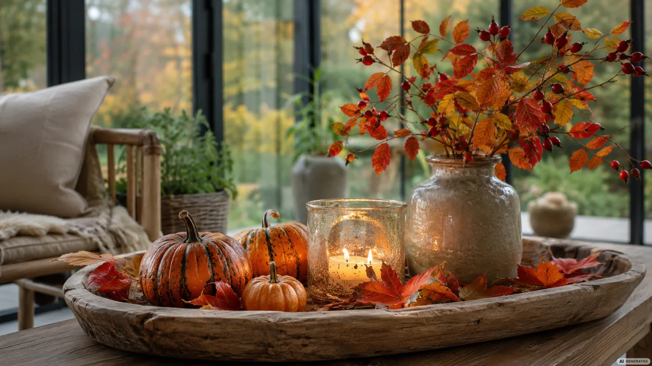Herbstdeko für den Wintergarten mit Kürbissen, Kerze und Zweigen auf einem Holztisch im hellen Glasraum.