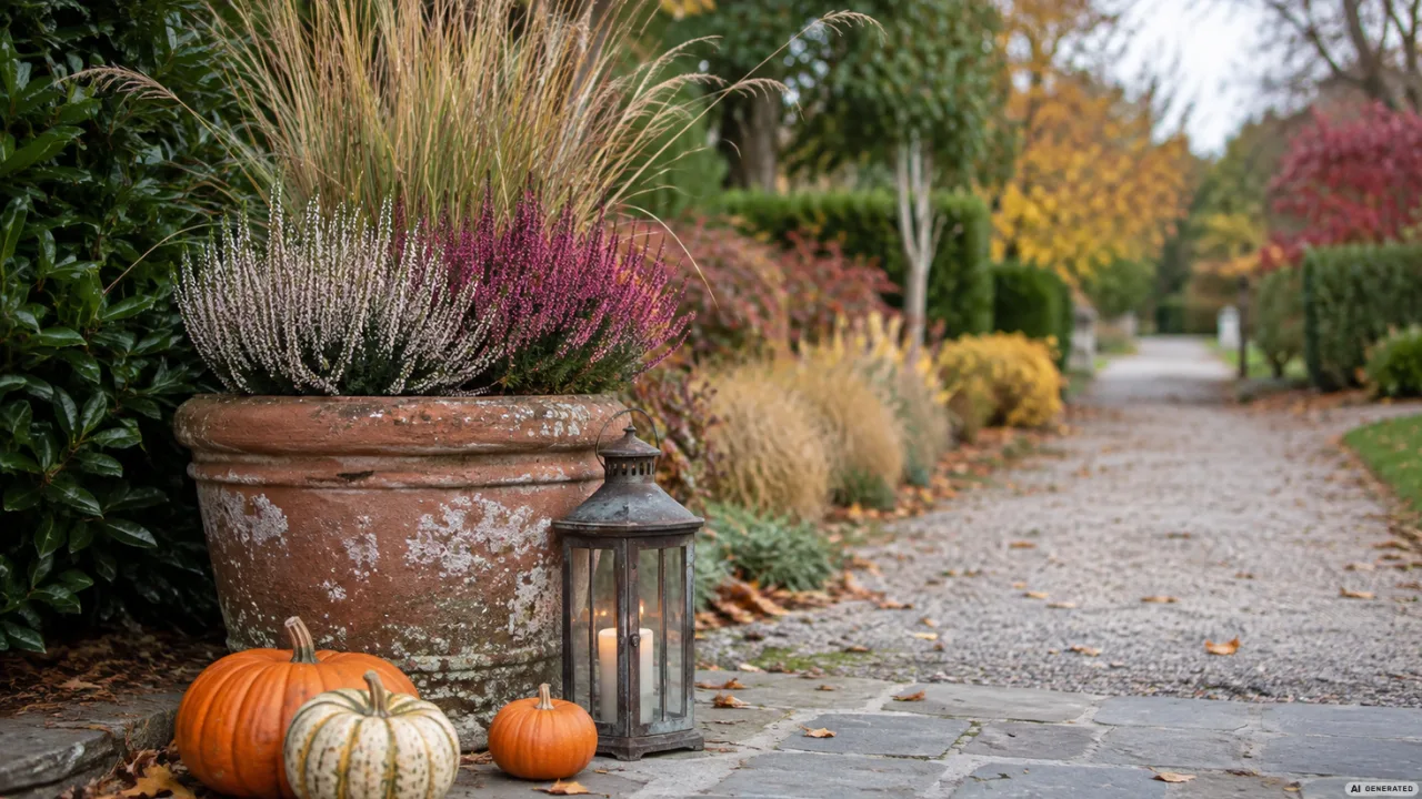 Herbstdeko für Gartenwege mit Pflanzkübel, Laterne und Kürbissen an einem geschwungenen Gartenweg im Herbst.