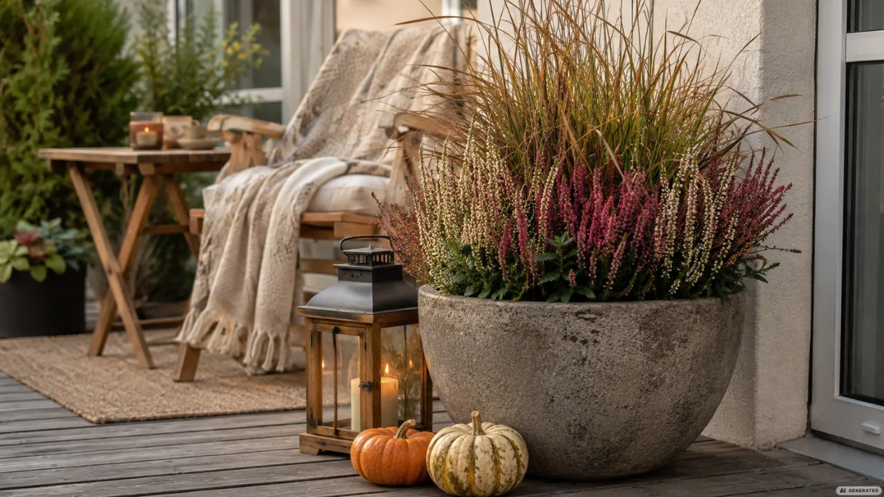 Herbstdeko für eine kleine Terrasse mit Pflanzkübel, Laterne, Kürbissen und gemütlichem Sitzplatz.