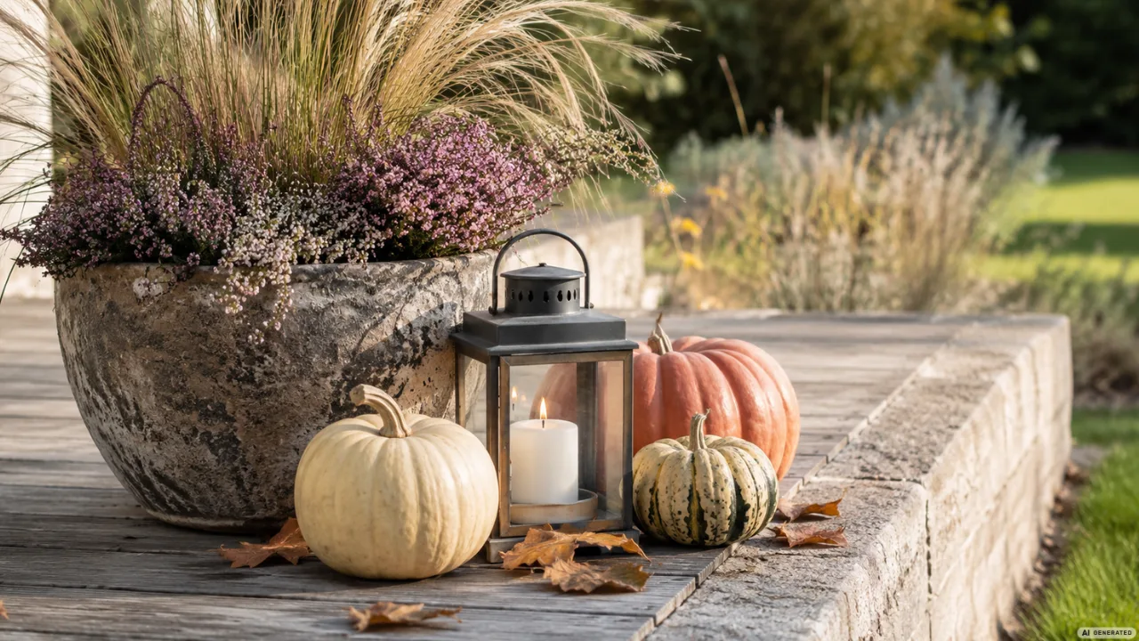 Herbstdeko für den Terrassenrand mit Kürbissen, Laterne und Gräsern auf einer gemütlichen Terrasse.
