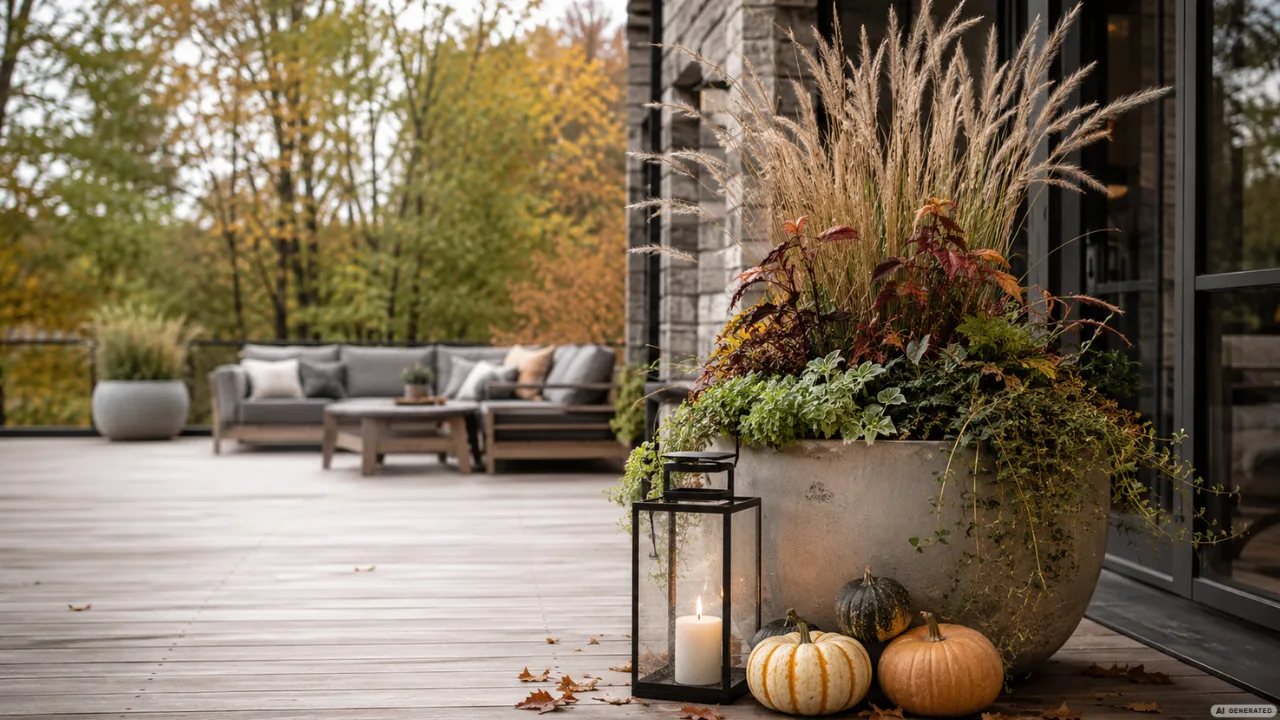 Herbstdeko für große Terrassen mit Pflanzkübel, Laterne und Kürbissen auf moderner Holzterrasse im Herbst.