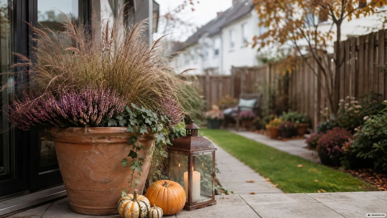 Herbstdeko für einen Reihenhausgarten mit Terrakottatopf, Heide, Ziergras, Laterne und Kürbissen auf der Terrasse.
