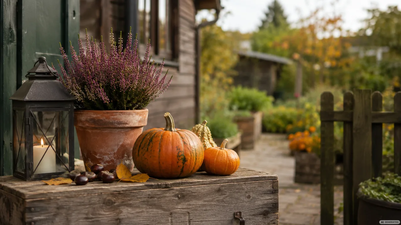Herbstdeko im Schrebergarten mit Kürbissen, Heide und Laterne vor einer Gartenlaube.