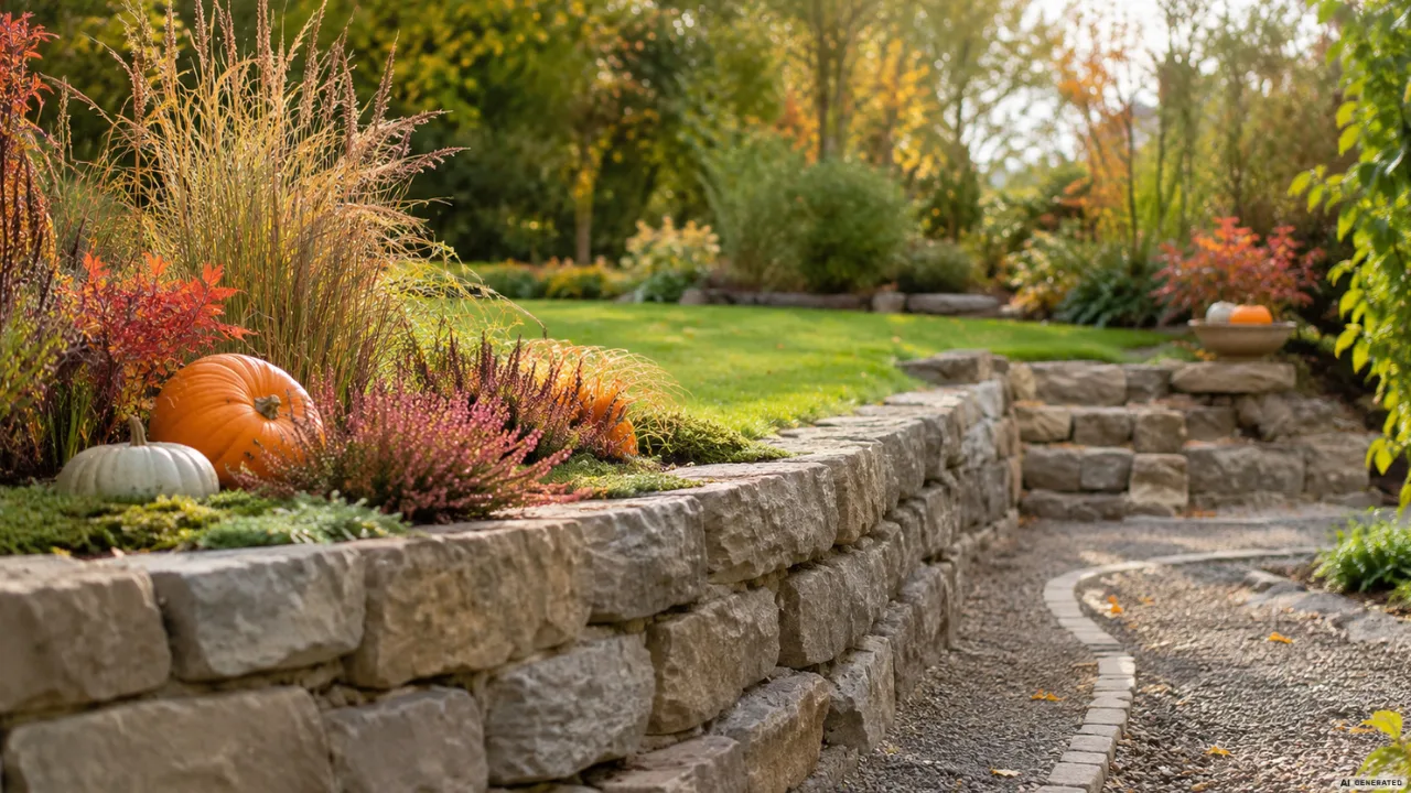 Herbstdeko für einen Terrassengarten mit Natursteinmauer, Kürbissen, Gräsern und herbstlicher Bepflanzung.
