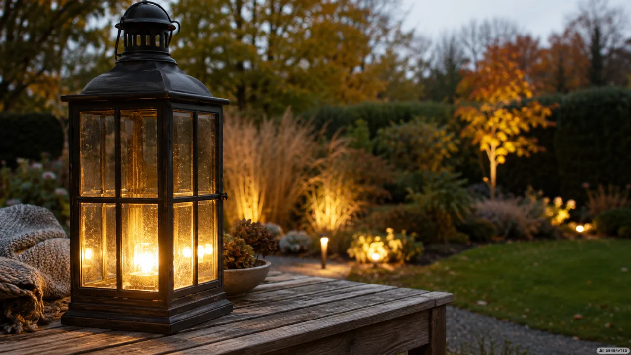 Herbstbeleuchtung im Garten mit leuchtender Laterne, warmen Lichtakzenten und herbstlichen Pflanzen am Abend.