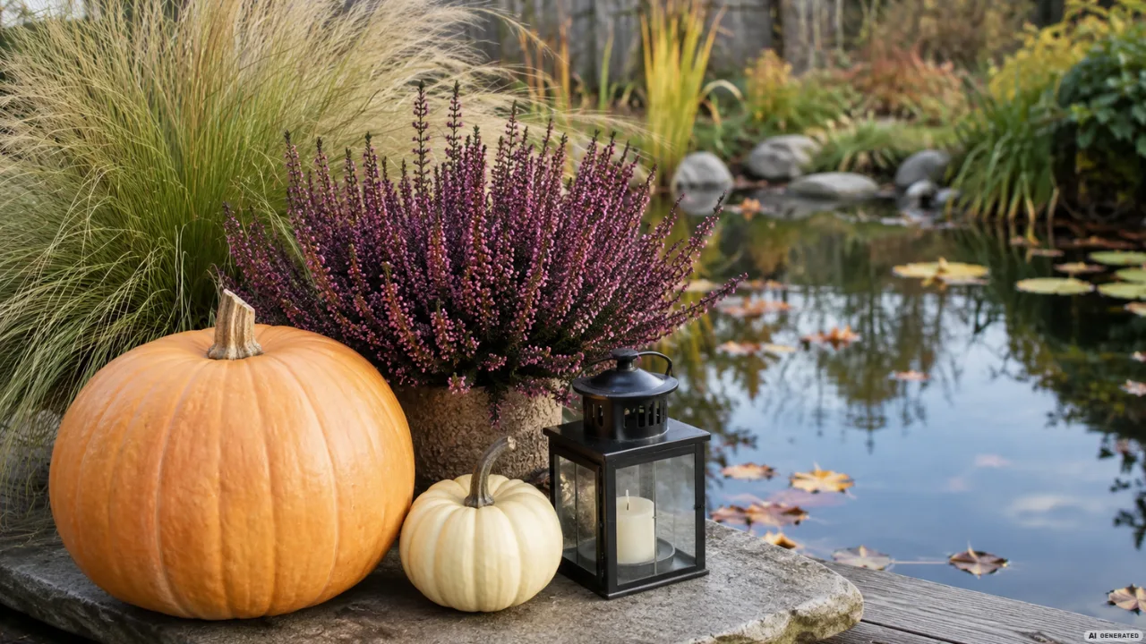 Herbstdeko für den Teich mit Kürbissen, Heide, Laterne und Gräsern am herbstlichen Gartenteich.