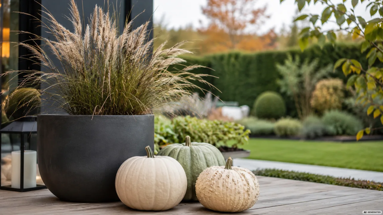 Moderne Herbstdeko für den Garten mit Gräsern, Kürbissen und Pflanzkübel auf einer stilvollen Terrasse.