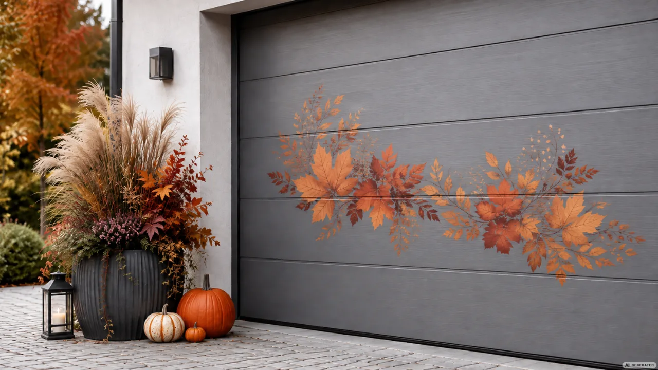 Herbstdeko fürs Garagentor mit herbstlichem Klebemotiv, Kürbissen und bepflanztem Kübel.