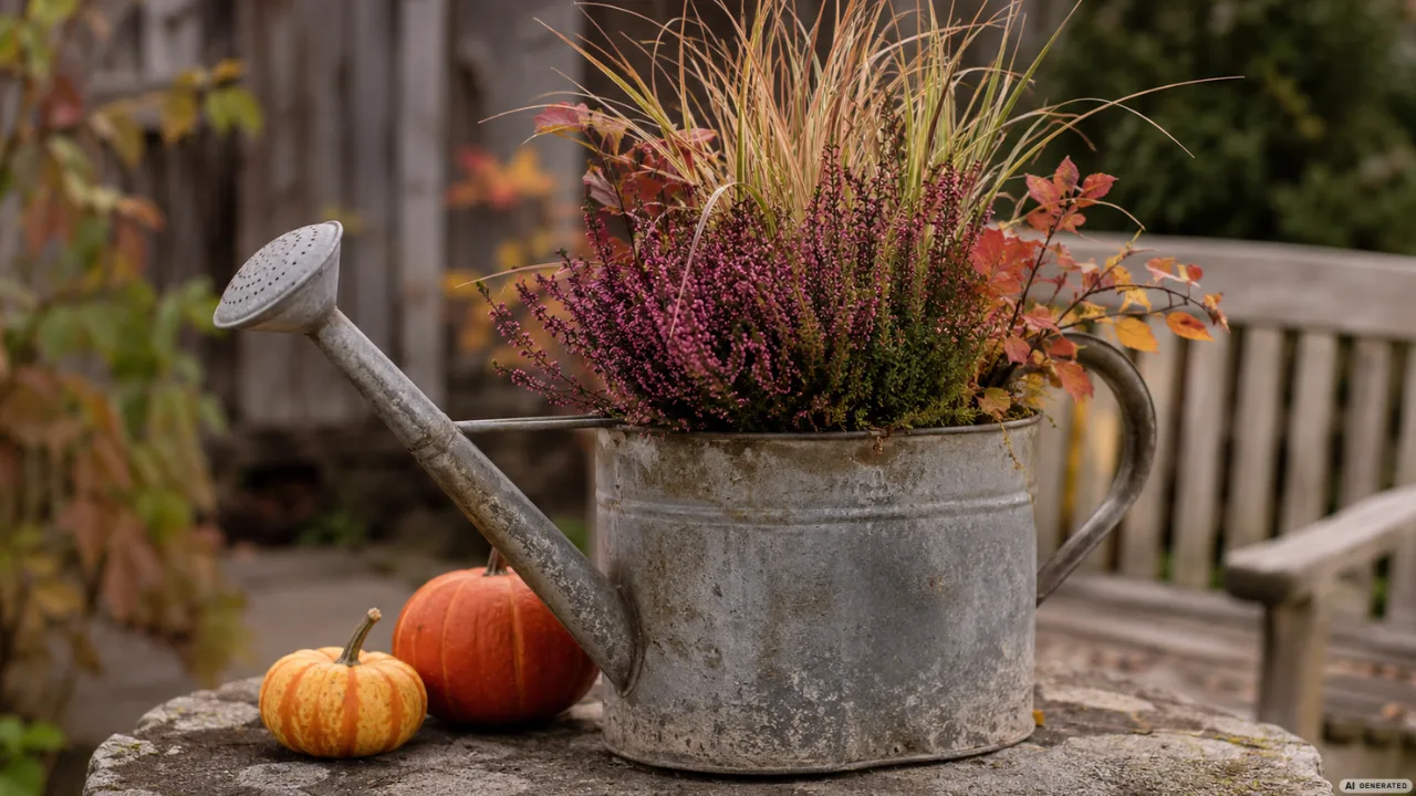 Herbstdeko im Garten mit alter Gießkanne, Heidekraut, Ziergras und Kürbissen auf rustikalem Gartentisch.