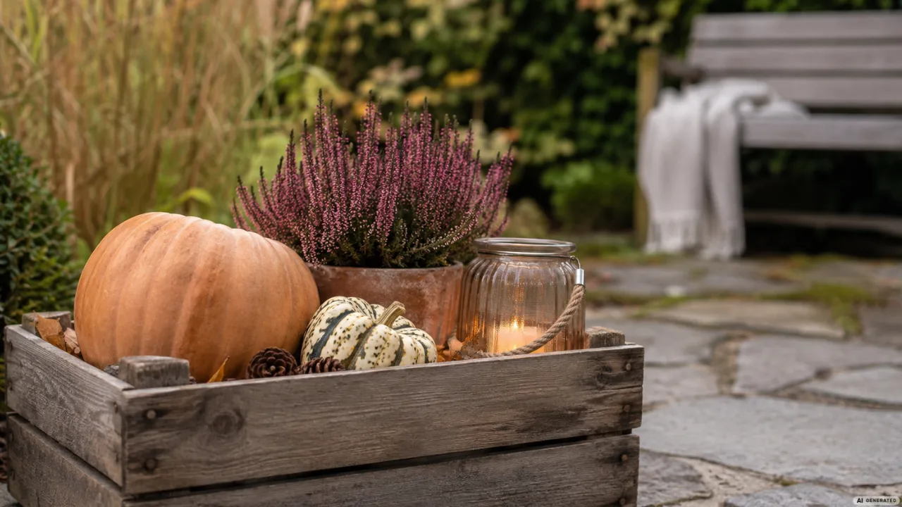 Herbstdeko mit Holz im Garten mit Holzkiste, Kürbissen, Heide und Laterne auf der Terrasse
