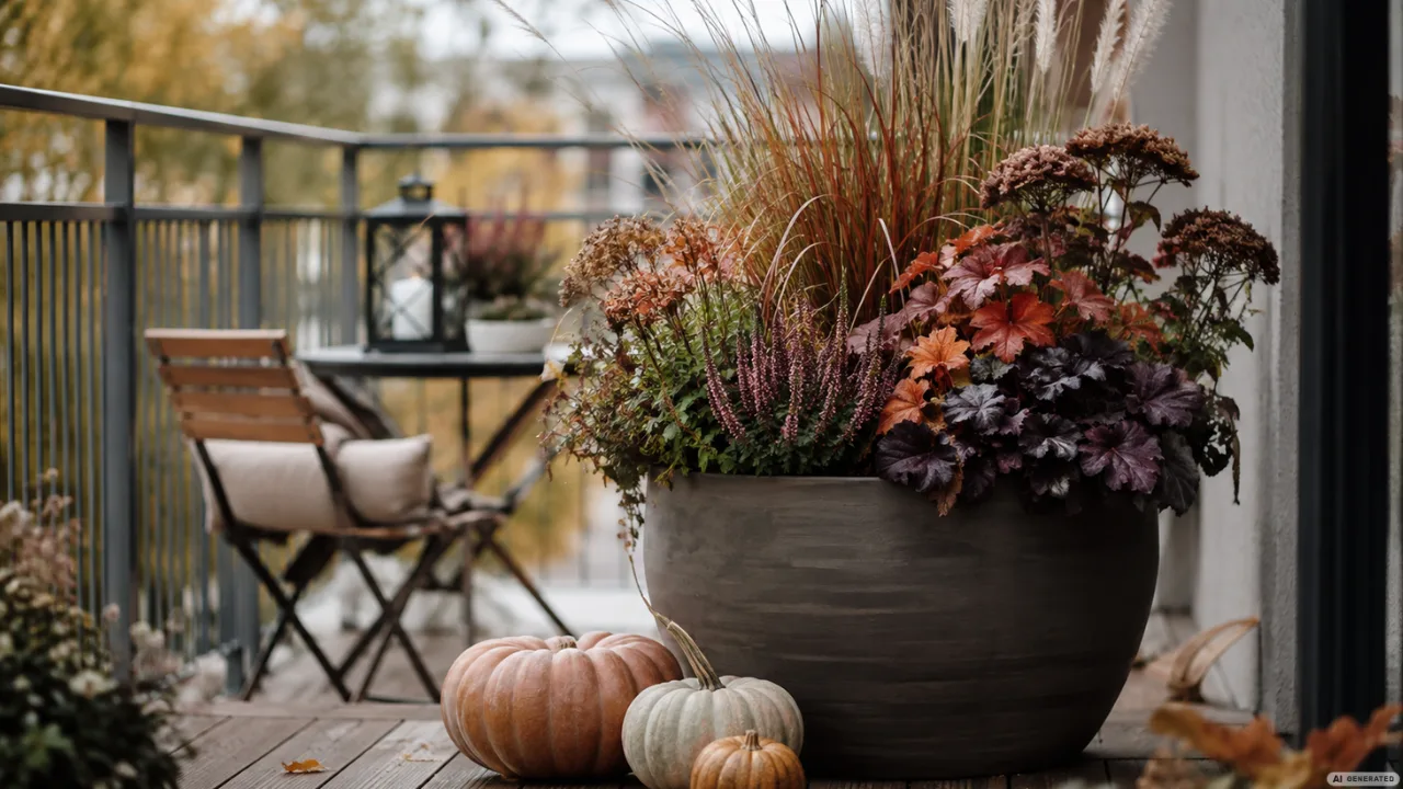 Moderne Herbstdeko für den Balkon mit Pflanzkübel, Gräsern, Kürbissen und gemütlicher Sitzgruppe
