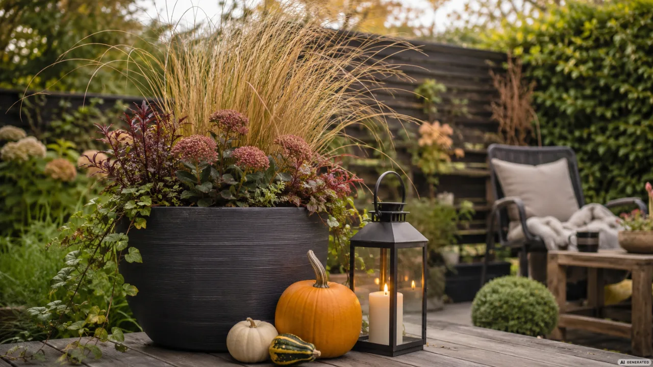 Moderne Herbstdeko für einen kleinen Garten mit Pflanzkübel, Kürbissen und Laterne auf der Terrasse.