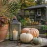 Moderne Herbstdeko im Schrebergarten mit Kürbissen, Laterne und Pflanzkübel vor einer Gartenlaube.