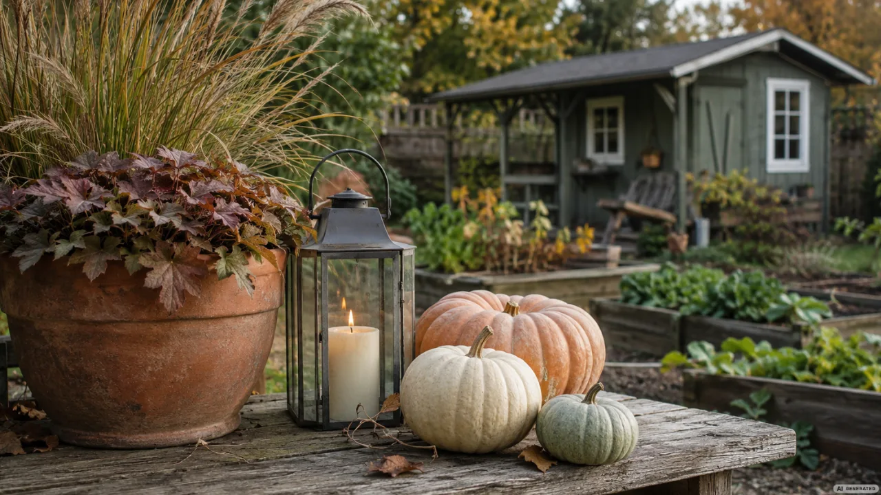 Moderne Herbstdeko im Schrebergarten mit Kürbissen, Laterne und Pflanzkübel vor einer Gartenlaube.