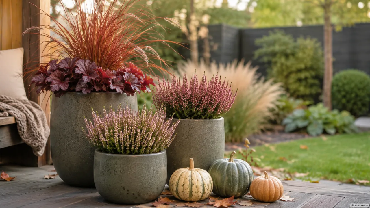Moderne Herbstdeko im Hintergarten mit bepflanzten Kübeln, Heide, Gräsern und Kürbissen auf der Terrasse.