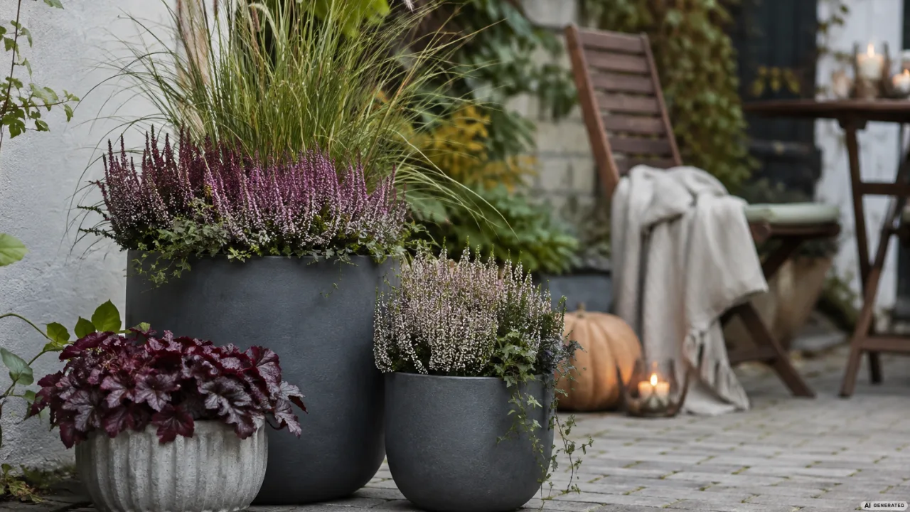 Moderne Herbstdeko für den Hinterhof mit Heide, Ziergras und Purpurglöckchen in grauen Pflanzkübeln.