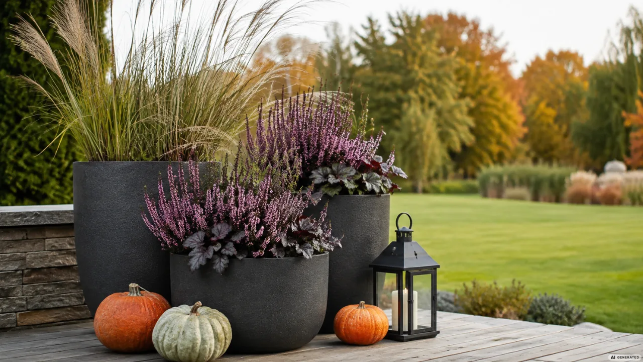 Moderne Herbstdeko für den großen Garten mit Pflanzkübeln, Ziergräsern, Kürbissen und Laterne auf der Terrasse.