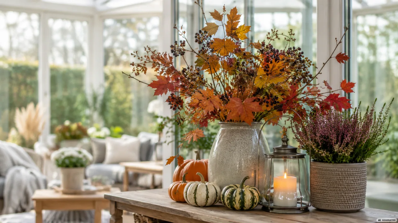 Moderne Herbstdeko im Wintergarten mit Herbststrauß, Kürbissen, Heide und Laterne auf Holztisch.