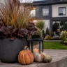 Moderne Herbstdeko im Reihenhausgarten mit Pflanzkübel, Kürbissen und Laterne auf der Terrasse.