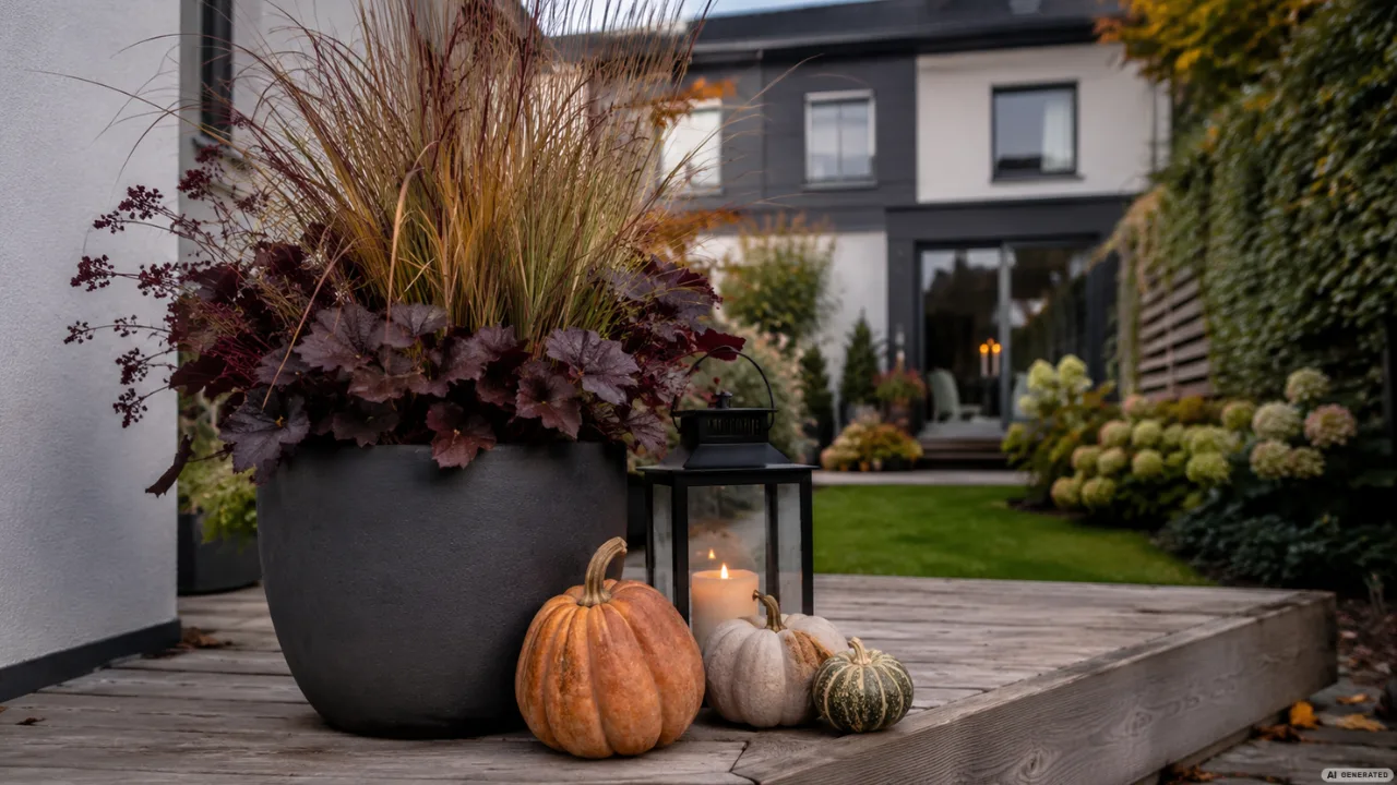 Moderne Herbstdeko im Reihenhausgarten mit Pflanzkübel, Kürbissen und Laterne auf der Terrasse.