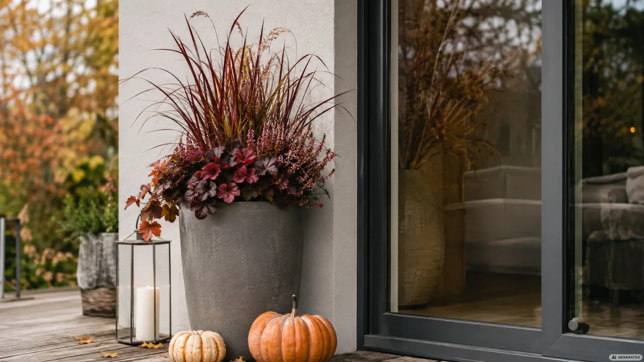 Moderne Herbstdeko an der Terrassentür mit Kübel, Ziergräsern, Heide, Laterne und Kürbissen auf der Terrasse.