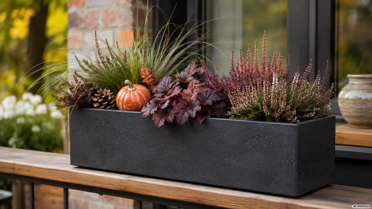 Moderne Herbstdeko für den Blumenkasten mit Heide, Ziergras, Purpurglöckchen und kleinem Kürbis.