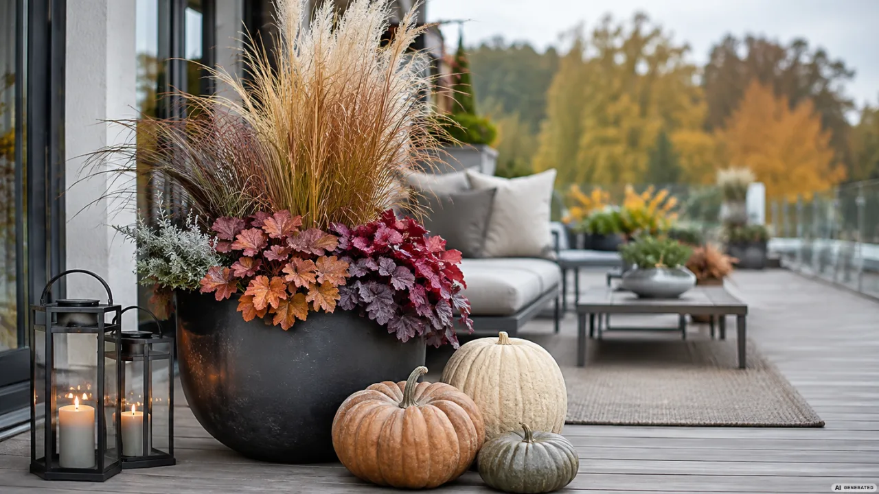 Moderne Herbstdeko für große Terrassen mit Pflanzkübel, Ziergräsern, Kürbissen und Laternen vor Lounge.