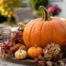 Herbstdeko für die Gartenparty mit großem Kürbis, Laterne und herbstlich gedecktem Tisch im Garten.