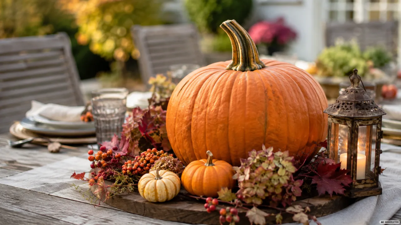 Herbstdeko für die Gartenparty mit großem Kürbis, Laterne und herbstlich gedecktem Tisch im Garten.