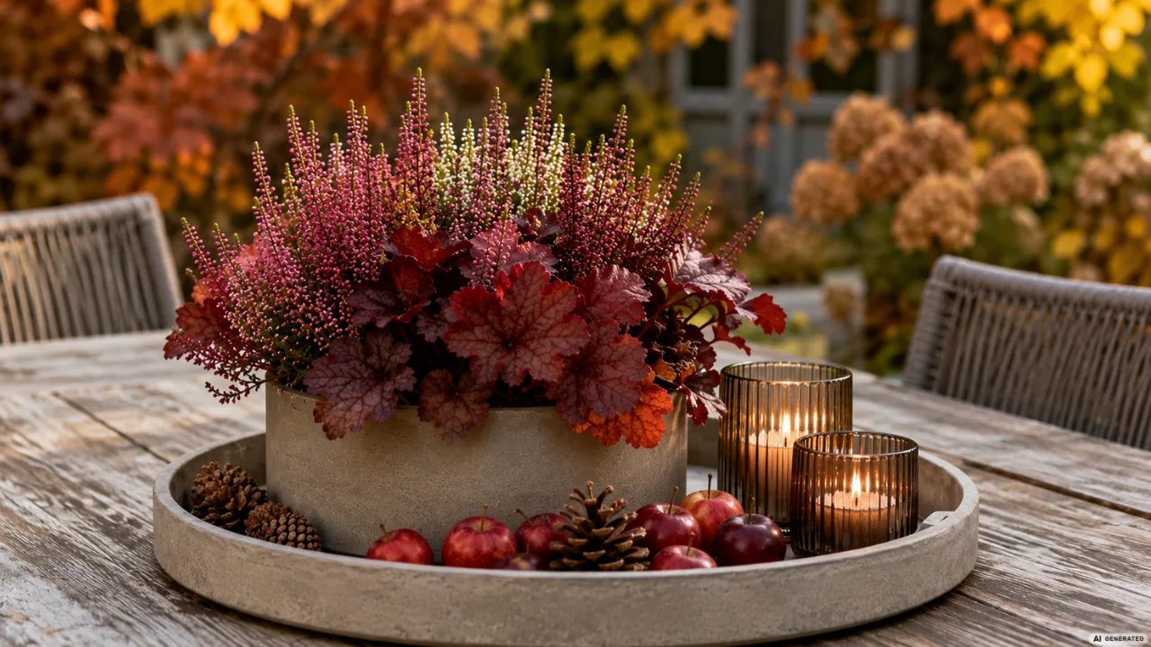 Moderne Herbstdeko für den Gartentisch mit Heide, Windlichtern, Zapfen und herbstlichem Garten im Hintergrund.