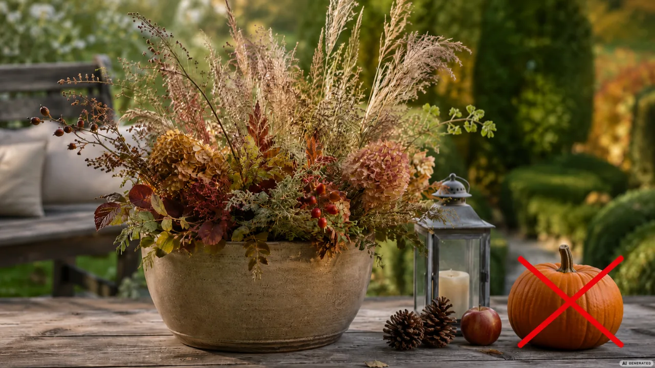 Herbstdeko ohne Kürbis für den Garten mit Gräsern, Zweigen, Laterne und natürlichen Herbstfarben.