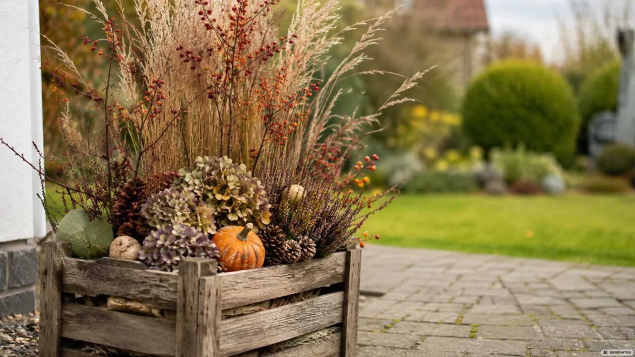 Selbst gemachte Herbstdeko für den Garten mit Holzbox, Ziergräsern, Hortensien, Zapfen und kleinem Kürbis.