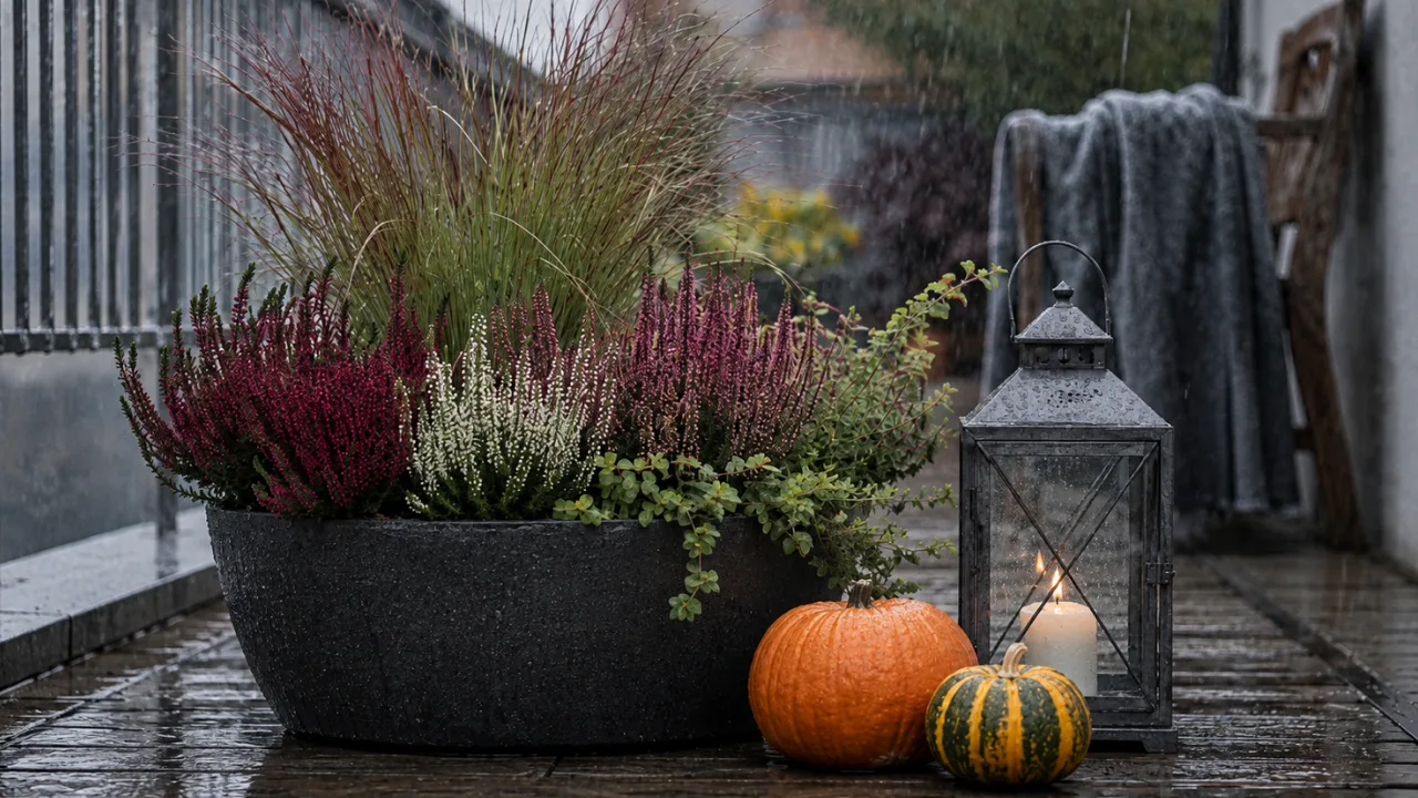 Herbstdeko für den Balkon: Diese 5 Ideen halten Regen und Wind stand Wetterfeste Herbstdeko für den Balkon mit Heide, Kürbissen und Laterne bei herbstlichem Regen.