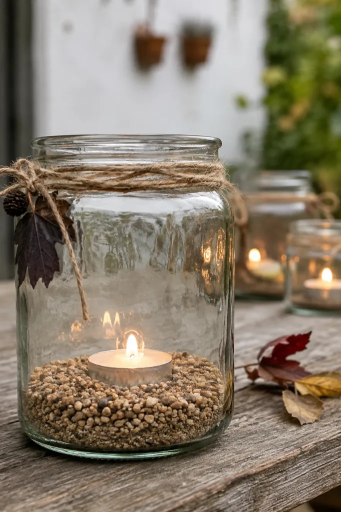 Herbstdeko basteln für den Garten: 5 Ideen aus natürlichen Materialien Selbst gebastelte Herbstdeko für den Garten: Windlicht aus altem Glas mit Herbstlaub auf Holztisch.