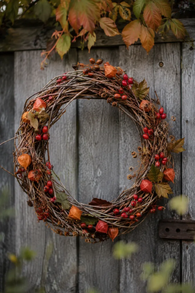 Herbstdeko basteln für den Garten: 5 Ideen aus natürlichen Materialien Herbstdeko basteln für den Garten: Kranz aus Zweigen, Hagebutten und Lampionblumen.