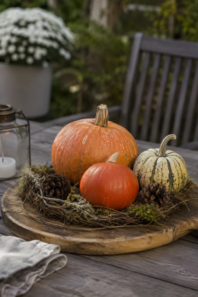 Herbstdeko für den Gartentisch mit Kürbissen, Holz, Moos und Zapfen.