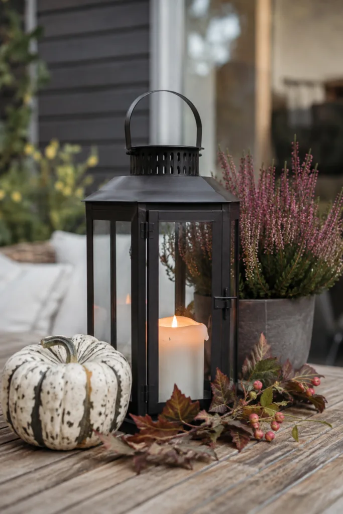 Herbstdeko für den Gartentisch mit Laterne, Heide, Kürbis und herbstlichen Zweigen.