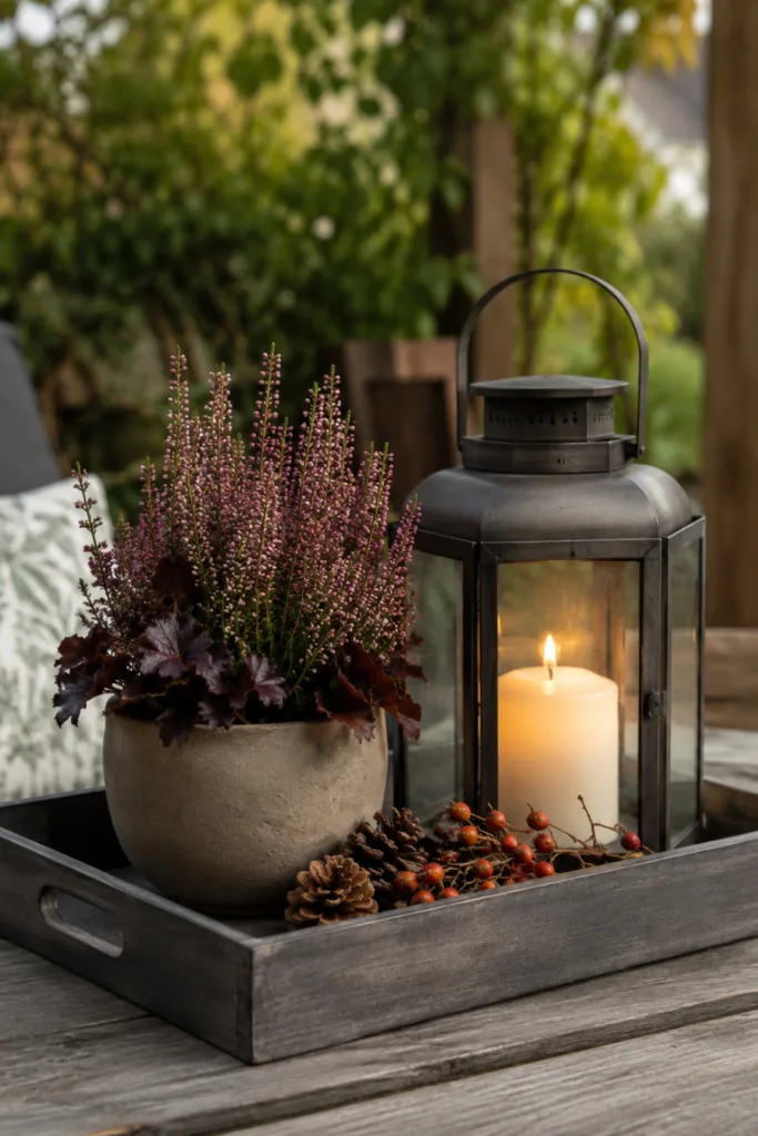 Herbstdeko für den Gartentisch mit Tablett, Laterne, Heidekraut und Naturmaterialien auf Holztisch im Garten.
