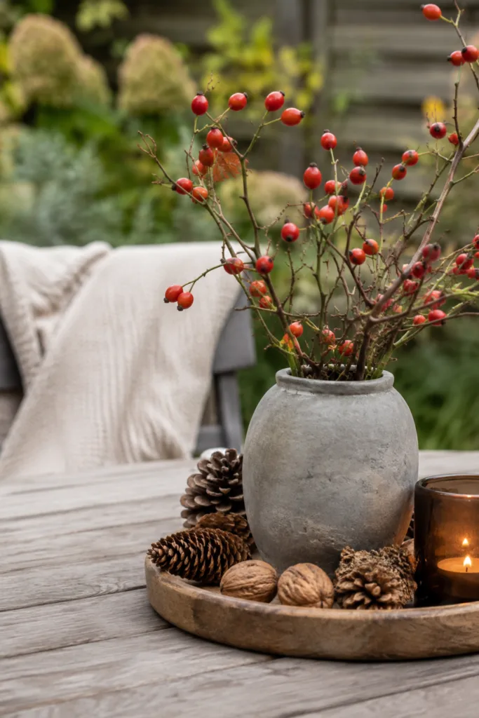 Herbstdeko für den Gartentisch mit Hagebutten, Zapfen, Walnüssen und Kerzenlicht.