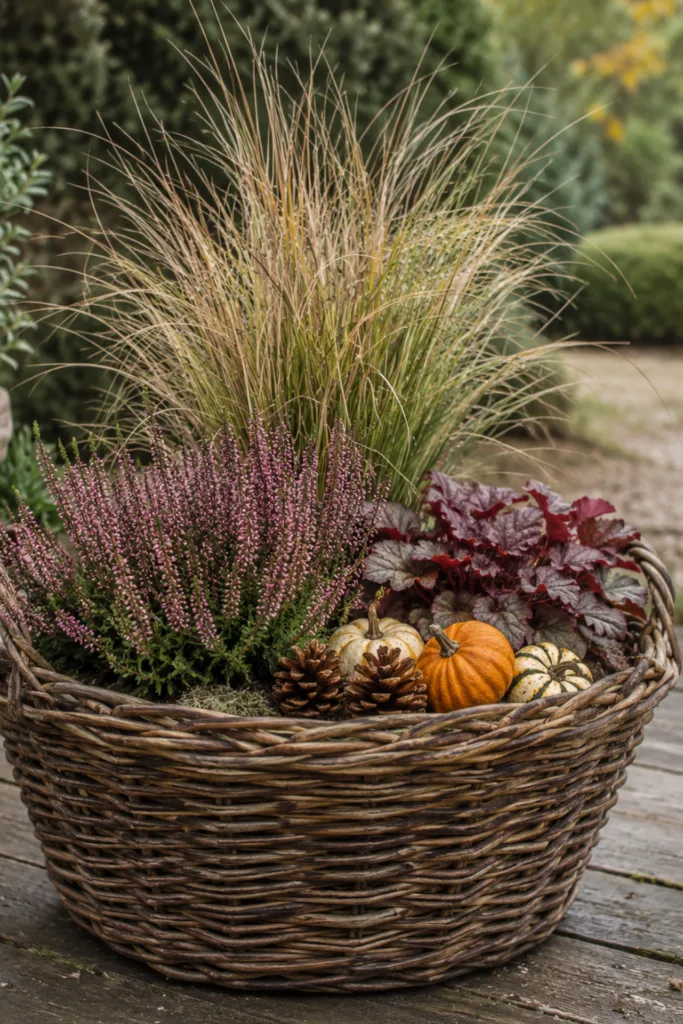 Herbstdeko basteln für den Garten: 5 Ideen aus natürlichen Materialien Herbstdeko basteln für den Garten: bepflanzter Weidenkorb mit Heide, Ziergras, Kürbissen und Zapfen.