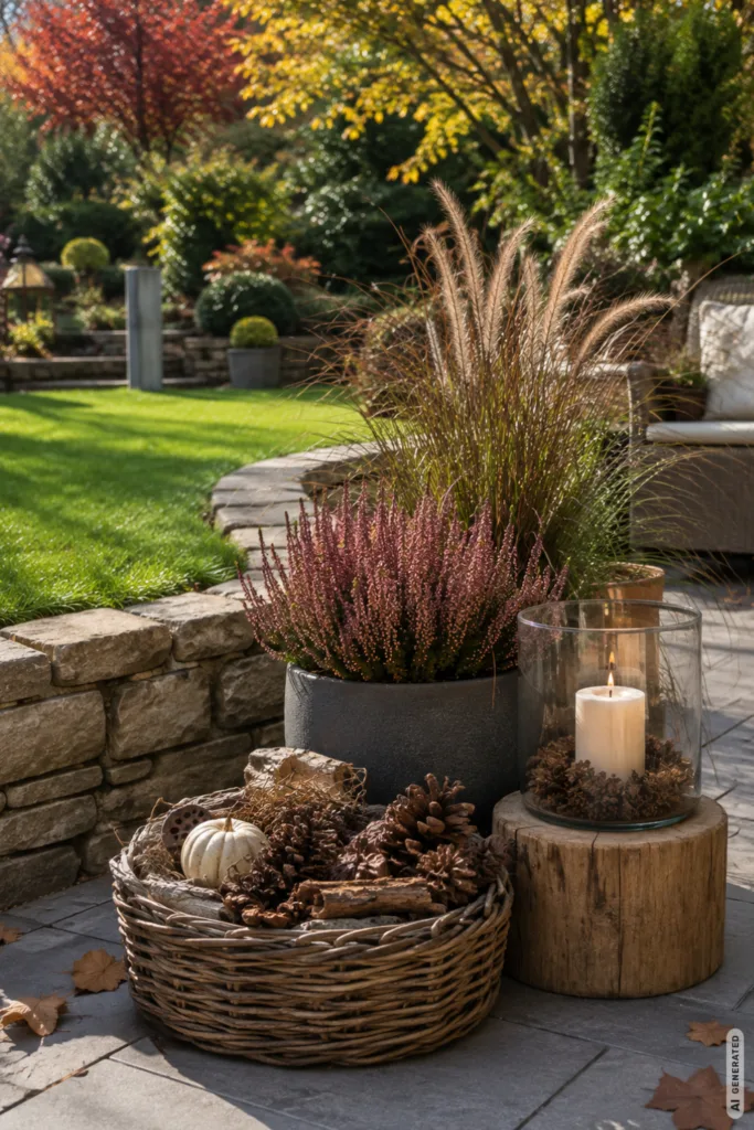 Herbstdeko im Terrassengarten mit Naturmaterialien, Heide, Gräsern, Zapfen und Windlicht.