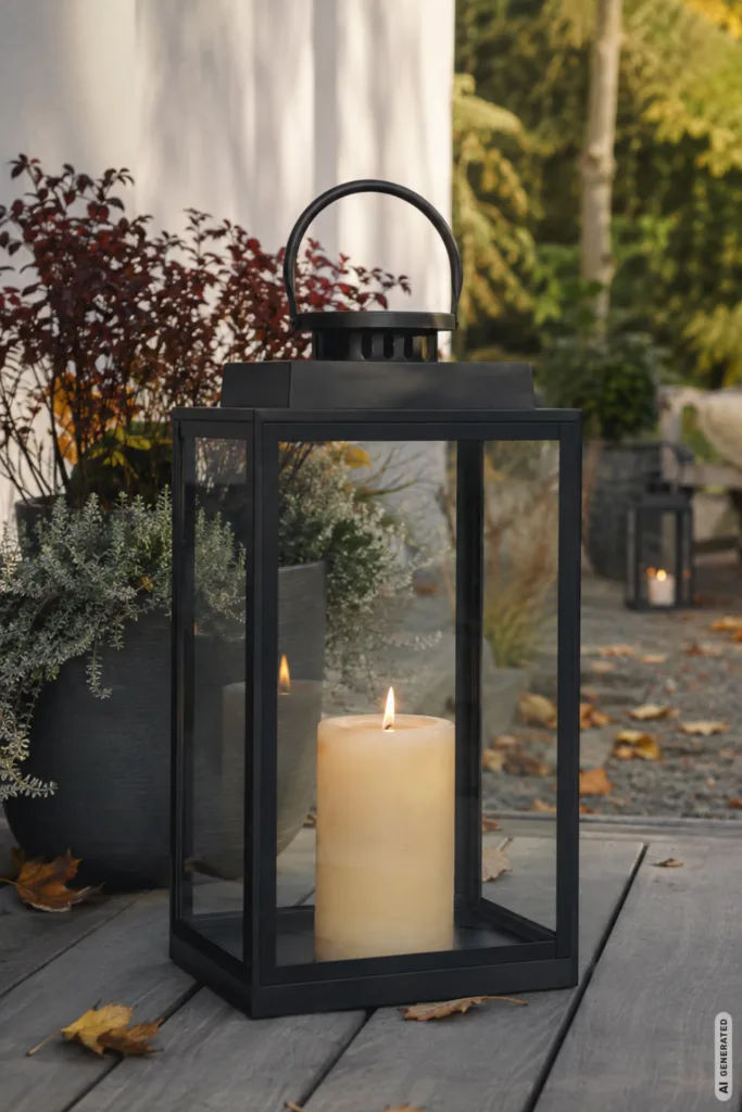 5 Lichtideen für den Garten, die im Herbst besonders schön wirken Herbstbeleuchtung im Garten mit mobiler Laterne auf der Terrasse, umgeben von Herbstlaub und Pflanzkübeln.