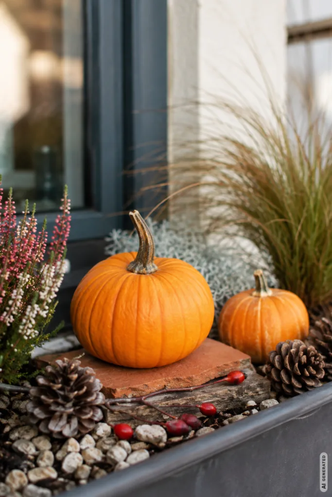 Herbstdeko für den Blumenkasten mit kleinen Kürbissen, Heide, Gräsern und Naturmaterialien am Fenster.