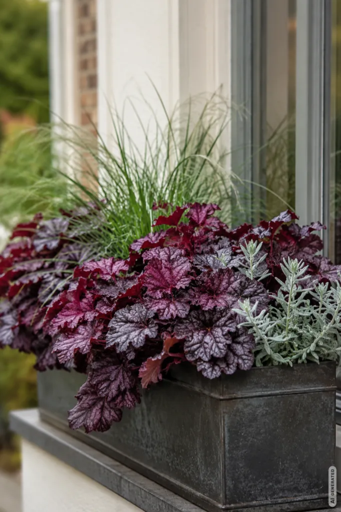 Herbstdeko für den Blumenkasten mit Purpurglöckchen, Ziergras und silbrigen Blättern am Fenster.